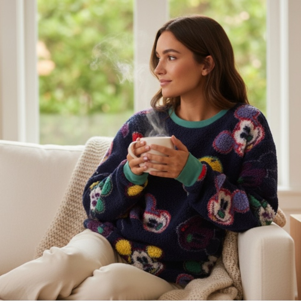 Disney Mickey Mouse Multicolor Fleece Pullover | Navy Sherpa Crewneck M